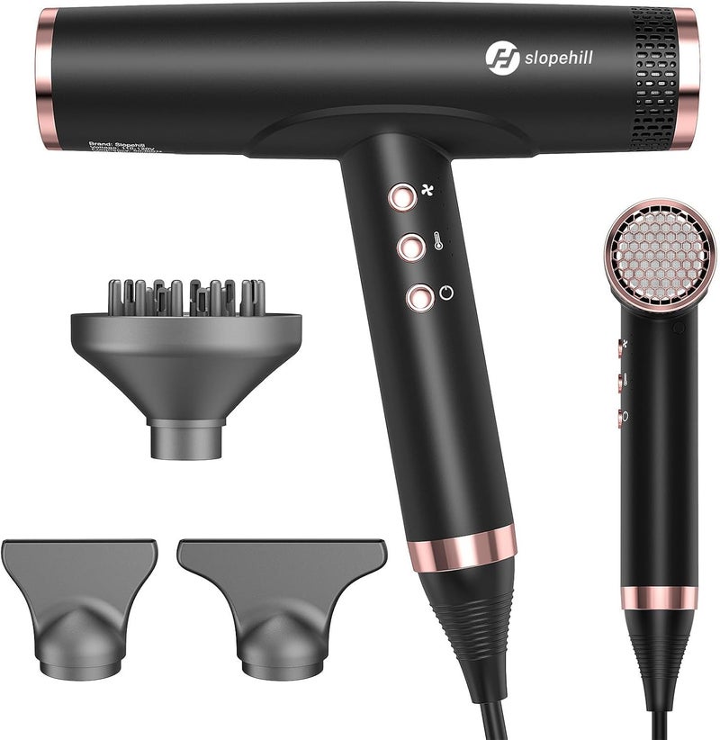 SLOPEHILL Professional Ionic Hair Dryer with Diffuser - Lightweight, Compact, Powerful & Fast Salon Blow Dryer with High Speed Brushless Motor for Travel, Women & Men (Ceramic, Black) - Image 1